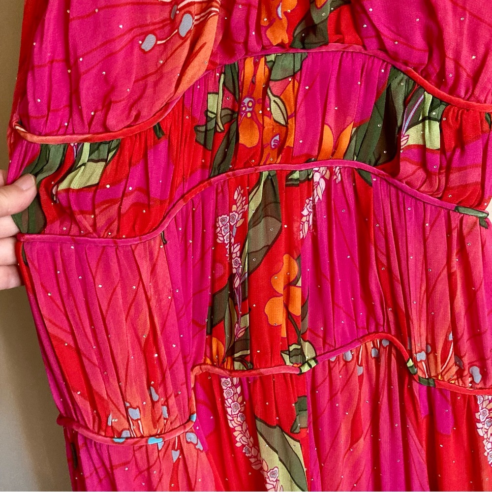 NEW FARM Rio Red Pietra Floral Sleeveless Maxi Dress Chiffon Rhinestones Size XL - Picture 9 of 16